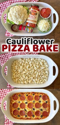 two servings of pizza and rice on a table with the words cauliflower pizza bake