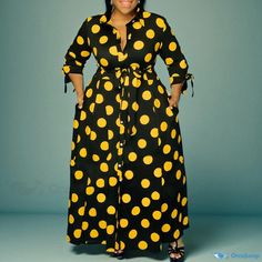 Orcajump - Long-Sleeved Polka Dot Print Dress - Shirt Design Casual Polka Dot Maxi Dress For Fall, Casual Polka Dot Maxi Dress For Party, Long Sleeve Polka Dot Dress For Spring, Yellow Long Sleeve Maxi Dress For Work, Polka Dot Long Sleeve Maxi Dress For Fall, Polka Dot Long Sleeve Maxi Dress For Summer, Summer Long Sleeve Maxi Dress In Polka Dot, Summer Long Sleeve Polka Dot Maxi Dress, Fitted Long Sleeve Polka Dot Maxi Dress