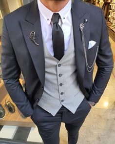 Bojo Pivas Black Slim Fit Pinstripe Suit-baagr.myshopify.com-suit-BOJONI Married Dress, Black Suit Vest, Flower Pocket, Suit Clothes, Stylish Mens Suits, Vest Suit, Clothes Jacket, Slim Fit Suit Men, Leather Waistcoat