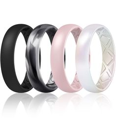 four different colored rings with black, white and pink inlays on each side