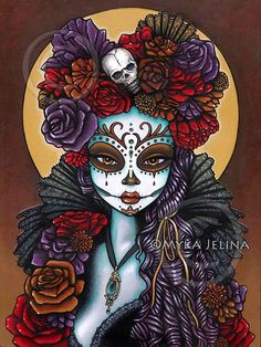 a painting of a woman with flowers in her hair and skull on her head, wearing a