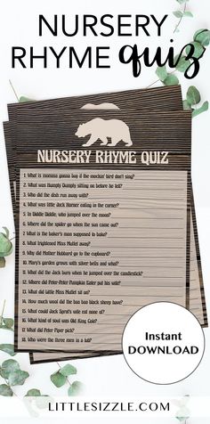 the nursery rhyme quiz is on top of a pile of papers with leaves around it