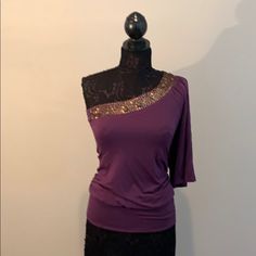 Nwt: Dark Purple One Should Blouse With Bell Sleeve And Sequins Around Top, Size S Fitted Purple Blouse For Evening, Purple Stretch Blouse For Party, Fitted Purple Evening Blouse, Purple Stretch Tops For Party, Purple Stretch Top For Party, Purple Stretch Party Tops, Chic Purple Tops For Evening, Chic Purple Evening Tops, Purple Stretch Blouse For Night Out