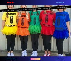 four girls dressed up in different colored outfits