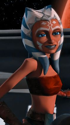 an animated woman with blue eyes and brown hair wearing a star wars outfit, standing in front of a space background