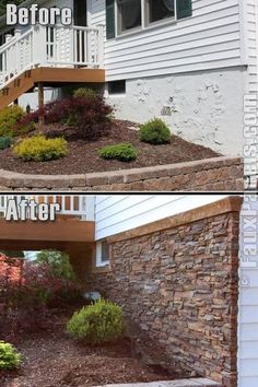 before and after pictures of landscaping in front of a house