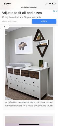 an image of a baby crib and dresser with the words adjusts to fit all bed sizes