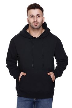 Men's Black Pullover Hoodie Pill Resistant Pre Shrunk 3 Thread Fleece Fabric 80/20 Cotton/Polyester Kangaroo Pockets Tear Away Label Lycra Ribbed US 8.3 OZ CA 14 OZ EU 280 GSM Sweatshirt Plain, Black Hooded Sweatshirt, Plain Hoodies, Black Pullover, Fleece Fabric, Hooded Sweatshirt, Pullover Hoodie, Hooded Sweatshirts, Favorite Outfit