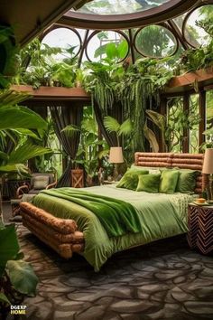 a bed with green sheets and pillows in a room filled with plants