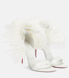 Bridal Loubigirl 100 raffia-trimmed leather sandals in white - Christian Louboutin | Mytheresa Louboutin Online, Bridal Bag, Red Louboutin, Designer Pumps, Leather Heels Sandals, Matcha Green, Classic Bags, Evening Shoes, Bridal Shoes