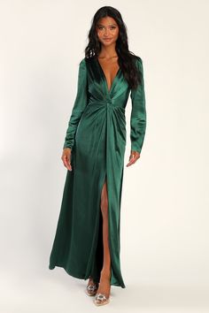 Emerald Green Satin Dress - Long Sleeve Dress - Maxi Dress - Lulus Emerald Green Satin Dress, Flowy Wide Leg Pants, Green Satin Dress, Satin Long Sleeve, Pleated Maxi Dress, Long Jumpsuits, Chiffon Maxi Dress, Long Sleeve Maxi, Green Satin