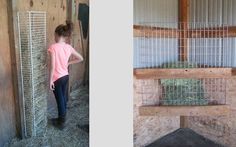 a woman standing next to a caged animal in a barn