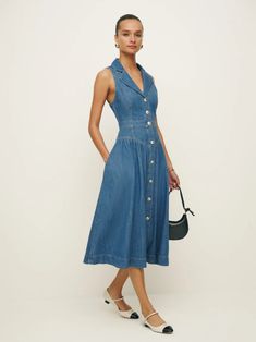 Ellison Denim Midi Dress - Sustainable Denim | Reformation Luxury Medium Wash Denim Dress For Women, Cheap Summer Denim Dress With Relaxed Fit, Cheap Cotton Denim Dress For Daywear, Denim Maxi Dress Casual, Affordable Denim Beach Dress With Pockets, Casual Blue Midi Dress, Scoop Midi Dress, Cheap Cotton Denim Dress For Vacation, Affordable Washed Blue Chambray Denim Dress