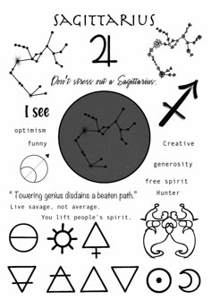 the zodiac signs and their meaningss are shown in black and white, with an image of