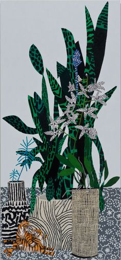 an image of a plant in a vase on the ground with other plants and animals around it