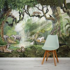 a wall mural with animals in the jungle