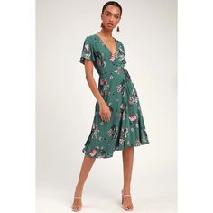 This Beautiful Lulus Wrap Dress Is Perfect For Any Occasion. With A Stunning Tropical Print In Shades Of Teal Green, This Dress Is Sure To Make You Feel Like You're On An Exotic Island. The Flutter Sleeves And V-Neckline Add A Touch Of Elegance, While The Tie Closure And Lightweight Fabric Make It Comfortable And Perfect For Summer And Spring. Made From Rayon, This Midi Dress Is Machine Washable And Easy To Care For. It's Available In Size Large And Is A Regular Fit For Women. Whether You're Goi French Wardrobe, Green Formal Dresses, Dresses Lulus, Tropical Print Dress, Ruffle Midi Dress, Midi Wrap Dress, Dress Wrap, Wrap Midi Dress, Floral Print Midi Dress