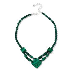 Jay King Sterling Silver Malachite 18" Necklace Add a sophisticated pop of gorgeous green gemstone color to you neckline with this bold necklace design. It features the unique color bands of Congolese malachite handcrafted into a stunning silhouette. From Jay King.       Approx. 18"L x 5/16"W with 2-3/4" extender     Drop approx. 1-7/16"L x 1-7/16"W     Stamped .925      Hook closure     Necklace drape has three cushion-cut malachite stations connected via two strands of round and cylindrical beads     Round malachite beads complete necklace   Stone Information       All sizes and weights approximate     Stabilized Green Malachite - Square (17x17mm to 28x28mm), freeform (8x11mm), round (7mm); mined in South Africa Adjustable Green Malachite Jewelry, Green Malachite Gemstone Bead Jewelry, Green Malachite Jewelry With Gemstone Beads, Green Malachite Gemstone Bead Necklaces, Green Malachite Beaded Necklaces With Natural Stones, Green Malachite Beaded Necklace With Natural Stones, Green Malachite Gemstone Beads Necklace, Adjustable Green Emerald Necklace, Green Malachite Necklace With Natural Stones