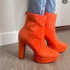 Suede Material Orange Heel Boots Size 7 Brand New Never Been Worn Long Orange Boots, Orange Suede Heels With Round Toe, Orange Party Boots With Round Toe, Orange Boots, Leopard Jeans, Orange Heels, Dooney & Bourke Bag, Mk Purse, Gogo Boots