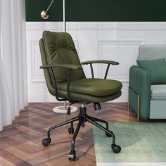 a green office chair sitting on top of a hard wood floor next to a couch