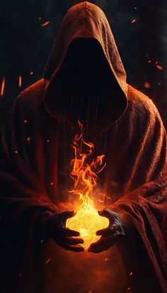 a person in a hooded jacket holding out their hands with fire coming out of it