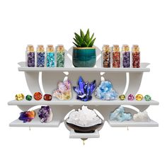 a white shelf filled with lots of different colored rocks and crystals next to a potted plant