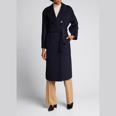 Maxmara "Madame" wool-blend coat. Notch lapels; double-breasted. Long sleeves. Side slip pockets. Belted. Midi length hem. Wool/cashmere. Made in Italy. Max Mara Madame Coat, Navy Coat, Leather Block Heels, Wool Blend Coat, Cashmere Coat, Max Mara, Wool Coat, Midi Length, Double Breasted