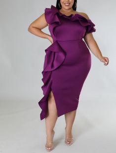 Stretch dress U neckline Short sleeves Ruffles Slit Zipper closure 96% polyester 4% spandex Hand wash cold Model is wearing a 2X True to size Purple Plus Size Dresses, Plus Size Sheath Dress, Off One Shoulder Dress, Boutique Couture, Party Dresses Online, Plus Size Party Dresses, Dress 2024, Midi Dress Party, Holiday Dress