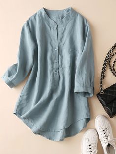 Women's Cotton Linen Shirt Stand Collar Front Pocket Mid Sleeve Ladies Linen Blouse Top Linen Shirts Women Tunic Tops, Tunic Outfit Summer, Tunic Outfit, Stand Collar Blouse, Blouses Casual, Casual Cotton Top, Three Quarter Sleeve Blouses, Women Tunic, Linen Shirts Women