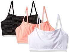 PRICES MAY VARY. Three pack of solid full-coverage sport bras featuring spaghetti straps and tag-free labels One set of pads included 2-ply stretch construction 95% cotton, 5% spandex Spaghetti straps Full coverage Spring Cotton Sports Bra With Built-in Bra, Seamless Cotton Sports Bra For Workout, Black Cotton Sports Bra For Summer, Cotton Stretch Sports Bra With Adjustable Straps, Cotton Sports Bra With Adjustable Straps For Summer, Summer Cotton Sports Bra With Adjustable Straps, Fitted Cotton Sports Bra With Adjustable Straps, Cotton Sports Bra With Light Support, Sports Crop Top With Built-in Bra In Cotton