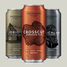 three different types of cans of beer on a gray and white background with the words, crosscut