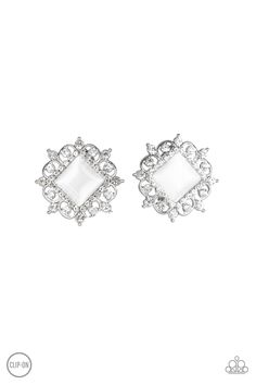 "Get Rich Quick" Clip-On Earrings: Featuring a regal square cut, a glowing white moonstone is pressed into the center of an ornate silver frame radiating with glassy white rhinestones for a timeless look. Earring attaches to a standard clip-on fitting. Sold as one pair of clip-on earrings. Get Rich Quick, Get Rich, Gold Clips, White Moonstone, Peach Moonstone, Paparazzi Accessories, White Rhinestone, Square Cut, Paparazzi Jewelry