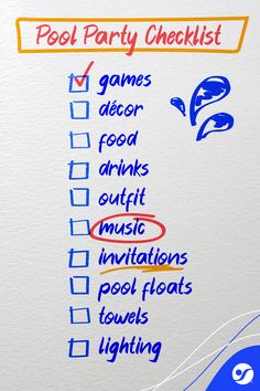 the pool party checklist is written on a piece of white paper with blue marker writing