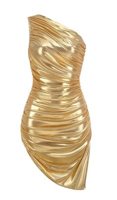 ONE SHOULDER RUCHED MINI DRESS IN GOLD Gold Party Dresses, Gold Party Dress, Elegant Mini Dress, Cocktails Bar, Ruched Mini Dress, Most Beautiful Dresses, Neckline Designs, Formal Dresses Prom, Ruched Dress