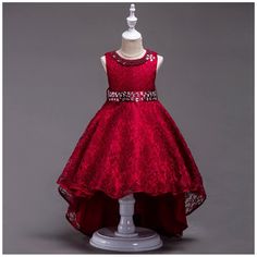 Girls Formal Party Princess Hi-Lo Bridesmaid Dress, Trailing Gown Design, Skirt Extends Behind The Dress Floral Lace Overlay, Embellished With Shiny Faux Rhinestone And Beads Decor,Hidden Back Zipper Closure, The Sash Is Attached At The Side Seams And Can Be Tied A Bowknot In The Back Made Of High Quality 85% Polyester+15% Cotton+Lace,Not Harm To The Child Skin,Very Soft And Comfortable,Skin Friendly And Breathable,Safe Material No Harm For Your Baby's Delicate Skin. Wedding Dresses For Kids, Baby Party Dress, Tail Dress, Princess Flower Girl Dresses, Angel Girl, Lace Bridesmaids, Wedding Flower Girl Dresses, Performance Dresses, Flower Girl Dress Lace