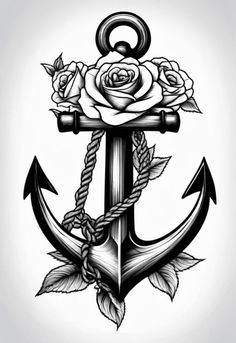 an anchor with roses on the side and rope around it is drawn in black ink