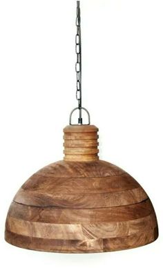 a wooden light fixture hanging from a chain