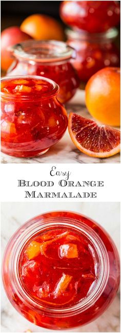 blood orange marmalade is in a jar and on the table with other fruit