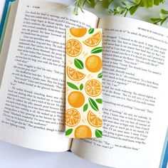 an open book with oranges and leaves on it