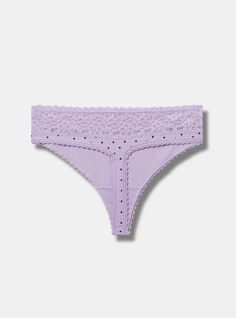 FIT Mid-rise. . Minimal coverage. . MATERIALS + CARE Cotton-blend knit fabric. 95% cotton, 5% spandex. Machine wash cold. Dry low. Imported. DETAILS Scalloped wide lace waistband. Dotted print. The best plus size women's cotton mid-rise thong panty panties in miranda dot lilac breeze made of cottonspan. Rock your look from Torrid to Festivals like Coachella and Lollapalooza, a concert, a show, or just for fun! Seamless Cotton Brief Bottoms, Fitted Cotton Brief Bottoms, Fitted Cotton Briefs, Stretch Cotton High-cut Leg Bottoms, Fitted Seamless Cotton Bottoms, Spring Loungewear Bottoms With String, Stretch Cotton Brief Bottoms, Swim Jewelry, Disney Leggings