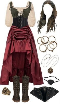 Rennaisance Outfits Pirate, Pirate Outfit Ren Fair, Ren Faire Outfits Aesthetic, Female Pirate Dress, Female Pirate Clothes, Holloween Costume Pirates, Pirates Costumes Female, Pirate Outfits Female Aesthetic, Pirate Inspo Outfit