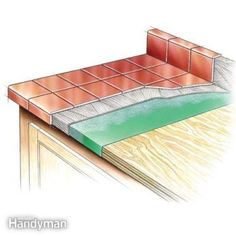 an image of a tile floor being laid on top of a wooden table with water running down it