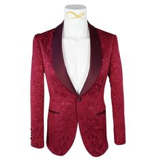 Burgundy Designer Fiore Fabric Woven In France Burgundy Satin Shawl Collar Single Button Closure Soft, natural shoulder construction Chest Barchetta Pocket Dual Vents Satin covered buttons Handmade in any size! Includes a Sebastian Cruz Couture Pocket Square of your choice! All of our jackets are made with 4" extra of fabric to ensure you don't have to send it back to us if it's too small or too big. You can tailor your jacket 2 sizes bigger and/or smaller if needed. We guarantee your satisfacti Luxury Tuxedo With Button Closure For Formal Events, Luxury Tuxedo With Button Closure For Formal Occasions, Luxury Formal Tuxedo With Button Closure, Designer Single Button Party Blazer, Evening Tailored Blazer With Covered Buttons, Elegant Blazer With Notch Lapel And Covered Buttons, Elegant Evening Blazer With Covered Buttons, Classic Evening Blazer With Covered Buttons, Luxury Party Blazer With Button Closure