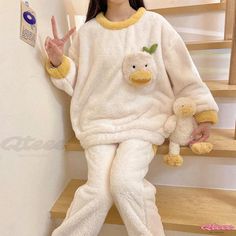 Qteee - Embroidered Cartoon Round Collar Plush Pajama Set Winter Color, Winter Colors, Season Winter, Round Collar, Pajama Set, Pajamas, Collar, Green, White