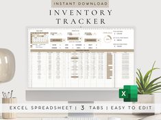 a computer screen with the text instant inventory tracker on it and an excel spreadsheet 3 tabs easy to edit