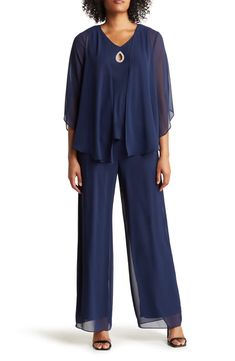 Marina Chiffon Keyhole Sleeveless Top, Cardigan & Pants Set | Nordstromrack Elegant Pant, Elastic Waist Jeans, Angel Sleeves, Sheer Overlay, Elegant Sets, Flowy Pants, Womens Cami, Plus Size Pants, Swimsuits For All