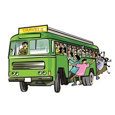 a green bus filled with people riding on top of it