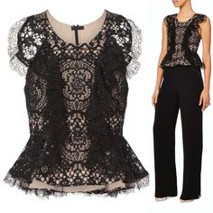 Alexis Top Black Lace Pattern Ruffle Embellishment Sleeveless With Scoop Neck Concealed Zip Closure At Back Details Size Guide Bust: 28" Waist: 26" Length: 21" Fabric: 49% Rayon, 38% Nylon, 13% Cotton; Lining 95% Polyester, 5% Spandex Inv. #2212-A Elegant Sleeveless Tops For Cocktail, Fitted Sleeveless Lace Top For Night Out, Elegant Sleeveless Lace Top For Evening, Sleeveless Lace Top For Evening, Lace Sleeveless Top For Evening, Black Lace Pattern, Pleated Chiffon Blouse, Plunge Blouse, White Ruffle Top