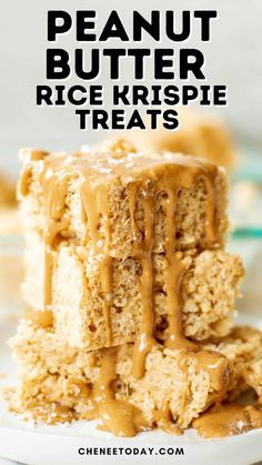 peanut butter rice krispie treats stacked on top of each other with text overlay