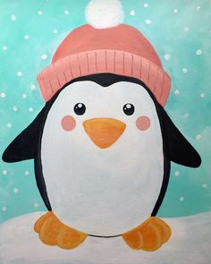 a painting of a penguin wearing a pink hat